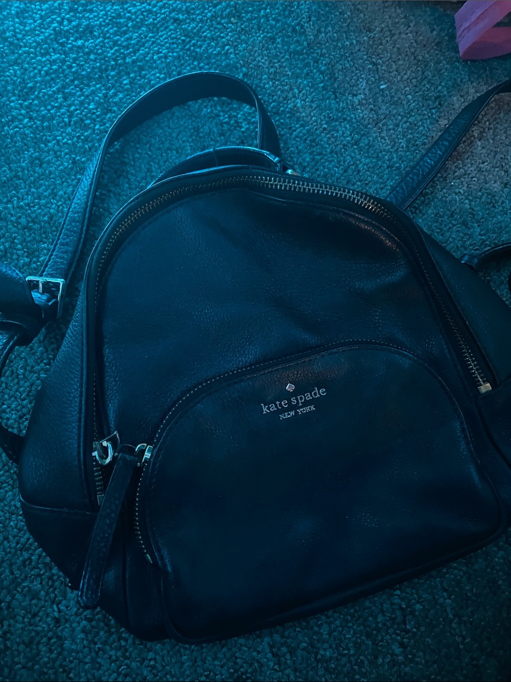 kate spade Black Leather Mini Backpack with Front Zip Pocket